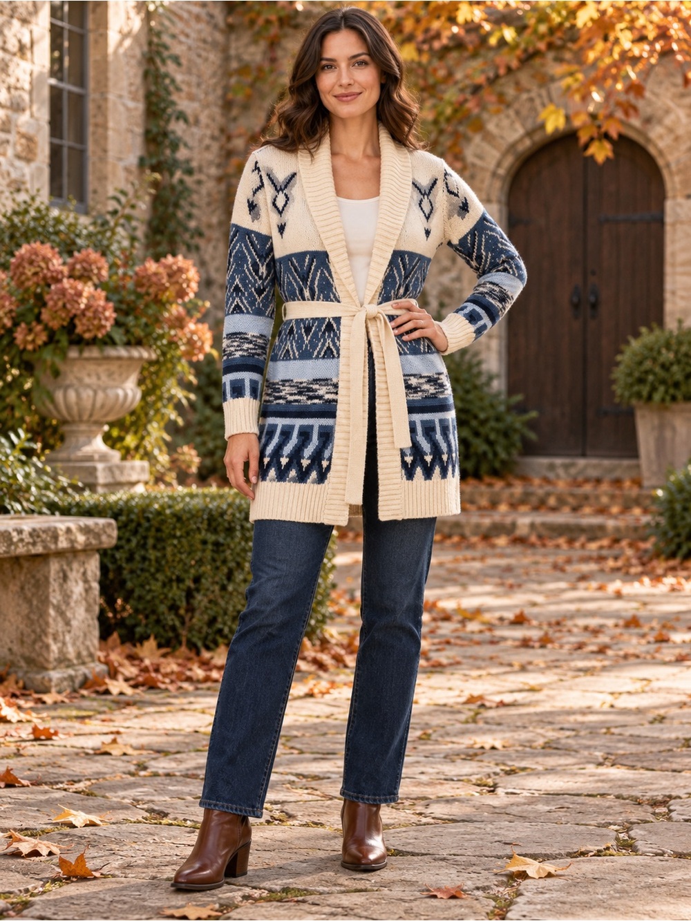 Lucky Brand Southwestern Geometric Shawl Collar Belted Long Cardigan M